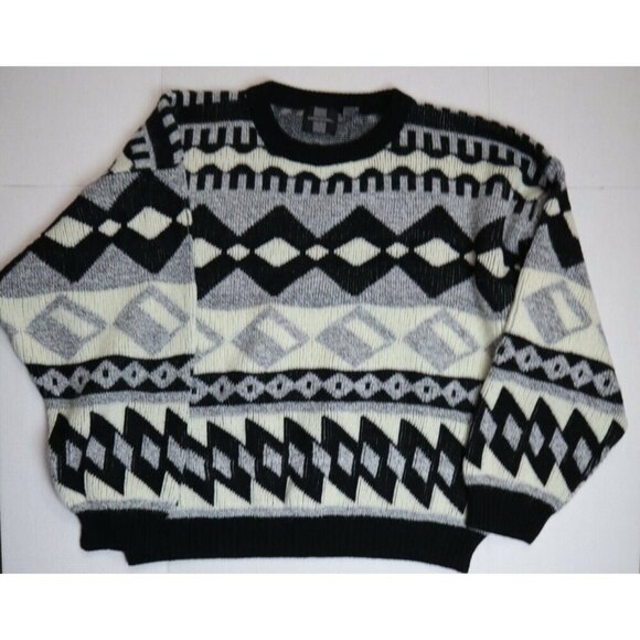 VINTAGE 80s BLACK AND WHITE CREW NECK PULLOVER SWEATER - EXPRESSIONS - SIZE XL - Picture 2 of 4